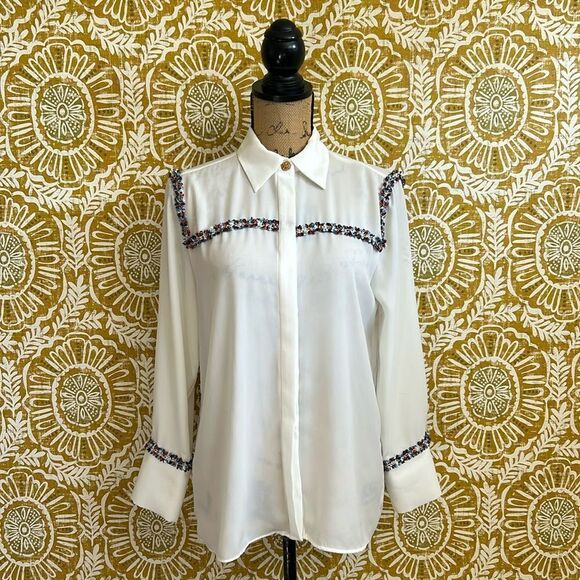 Zara Combination Textured Tweed Trim Chiffon Button Down Shirt in White size S - Picture 8 of 16